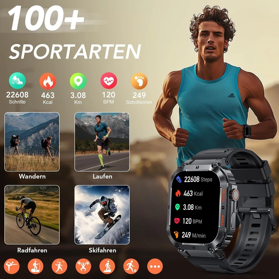 Smartwatch Herren mit Telefonfunktion Bluetooth WiFi Wasserdicht Schlaftracker - Bild 2 von 4
