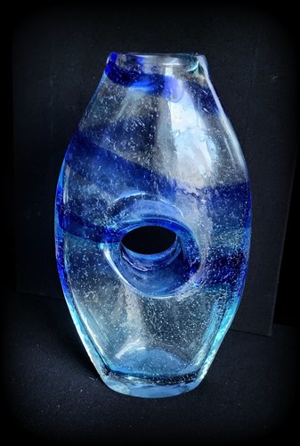 Adriano Dalla Valentina Murano 1945, blaue Wirbelvase Murrine mundgeblasenes Glas 10x6x3
