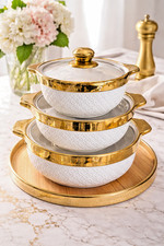 3 Piece Ceramic Casserole Bowl Set with Lids White & Gold Kitchen Cookware