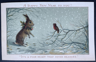 VICTORIAN GREETING CARD NEW YEAR BUNNY RABBIT IN SNOW BIRD HOLLY VERSE L.PRANG