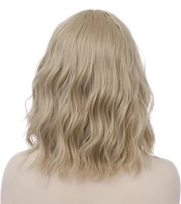 WIG Ash Blond Platinum Wavy Mid Length adjustable elastic Cosplay Center Part