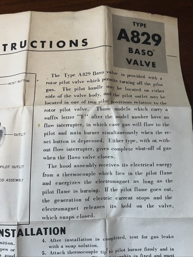 BASO Type A829 Safety Pilot Valve Witch Instructions And Specifications Sheet - Picture 3 of 10