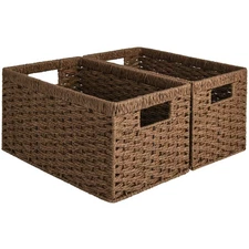 Round Paper Rope Storage Baskets, Rectangular Wicker Baskets with Built-in Ha...