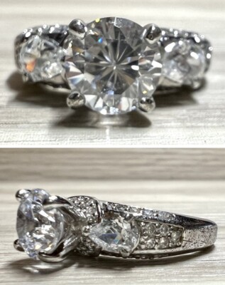Vintage Designer Hallmarked Sterling Silver Cubic Zirconia Cocktail Ring, Size 8