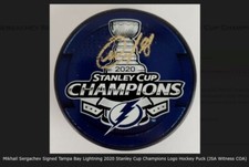 Mikhail Sergachev signed Tampa Bay Lightning 2020 Stanley Cup Champions Puck JSA