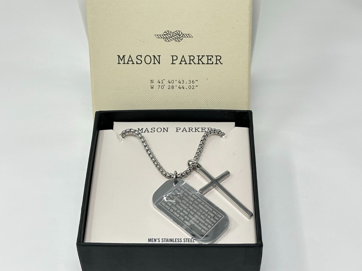 MASON PARKER NIB Men Stainless Steel Lord Prayer Tag and Cross