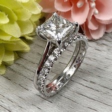 2.14Ctw Princess Cut Moissanite Bridal Set Engagement Ring 14k White Gold Plated