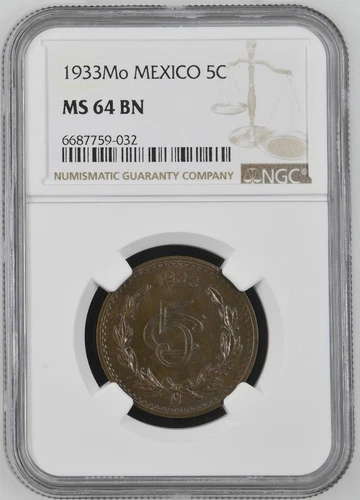 Mexico 5 Centavos 1933 Mo NGC MS 64 BN