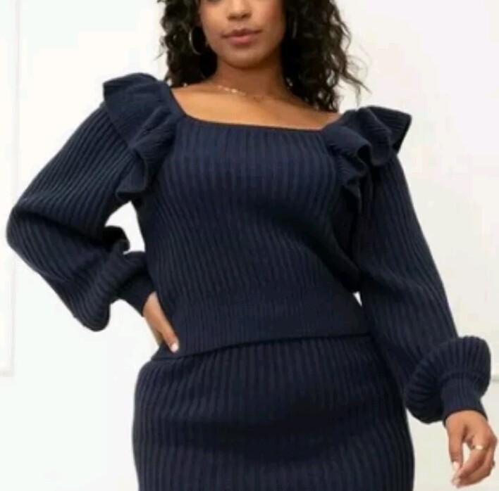 Eloquii Square Neck Ruffle Long Puff Sleeve Sweater 22/24 Blue NWT