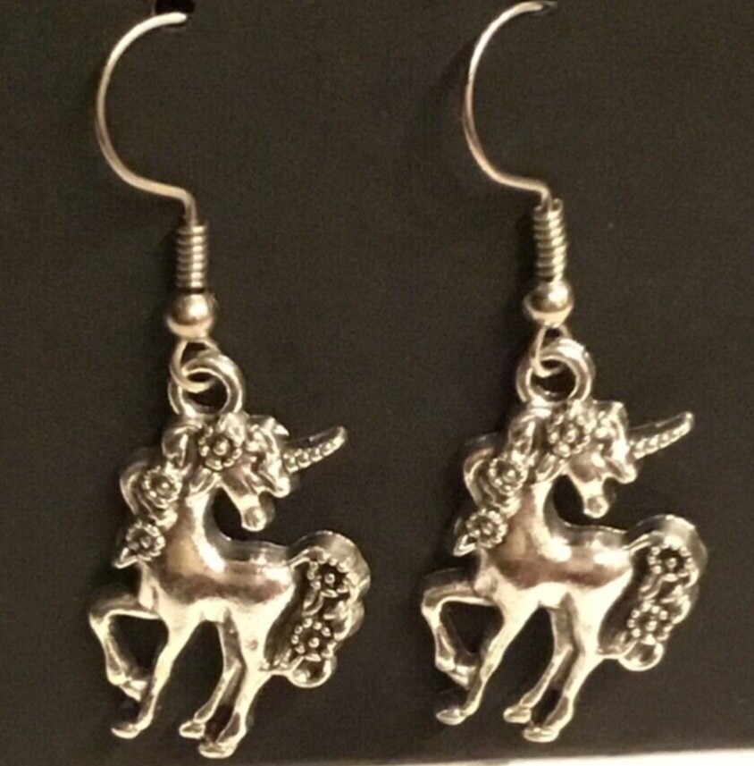 3D Unicorn Earrings Antique Tibetan Silver Handmade Drop Pair 👻🧲 Free  Gift Bag
