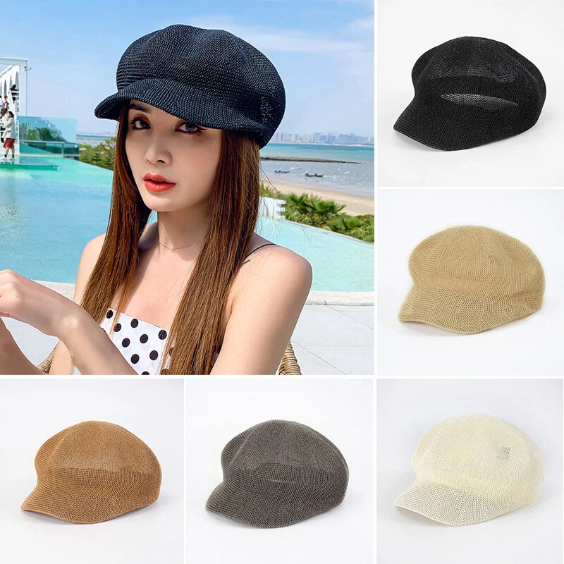 Women Knitted Mesh Beret Cap Octagonal Caps Summer Newsboy Painter Hat Sunhat