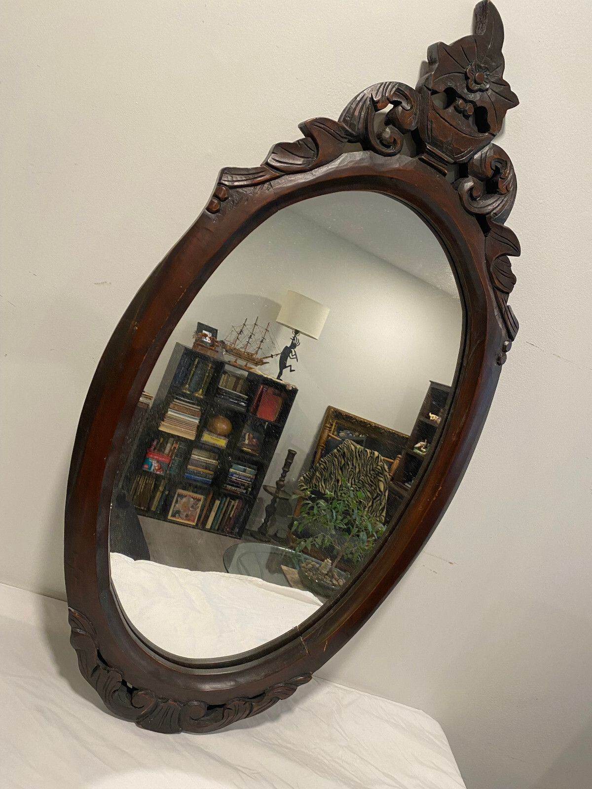 Antique Victorian Dark Wood Carved Framed Wall Mirror