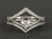 Pear Cut 2.90Ct Diamond Solid 14K White Gold Wedding Ring Set Simulated Size 7.5