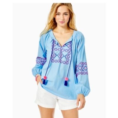 Lilly Pulitzer Cecile Zanzibar Blue Embroidered Long Dolman Sleeve Tunic Top