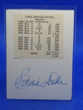 VINTAGE AUTOGRAPH with Baseball Career Stats EDDIE LAKE