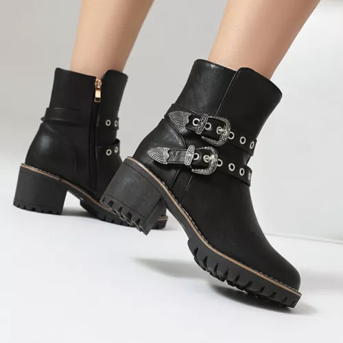 Women Booties Mid Chunky Heel Round Toe Zip Up Casual Buckle Fashion Ankle Boots - Bild 21 von 29