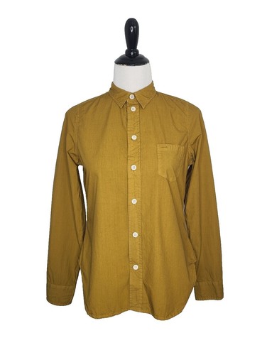 Liza Byrd Top Women MEDIUM Blue Roll Up Long Sleeve Gold Button Up
