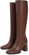 Modatope Knee High Boots Women Chunky Heel Square Toe Tall for Women Brown