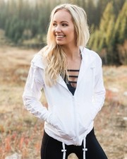 Zyia Active Windbreaker White Hooded Drawstring Jacket Pockets Lightweight Sz M