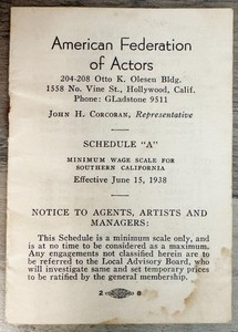 AMERICAN FEDERATION OF ACTORS MINIMUM WAGE SCALE "SCHEDULE A" EPHEMERA FROM 1938