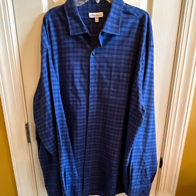 Peter Millar Men s Blue Plaid Long Sleeve Button-Up Point Collar Shirt XXL
