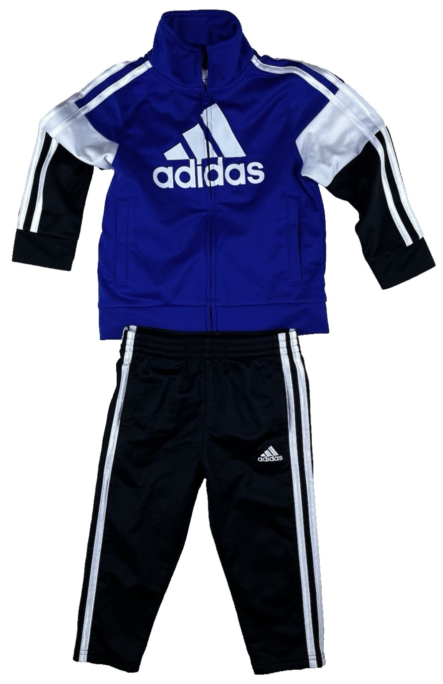 Adidas Boys 2T Track 2 Piece Suit Jacket Sweatpants Blue Black White Polyester 