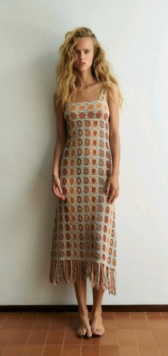 Zara Crochet Open Work Knit Midi Dress Unlined Size L GrannySquare Boho Festival