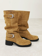 Womens Round Toe Buckle Leather Knight Mid Calf Boots Western Cowboy Riding New