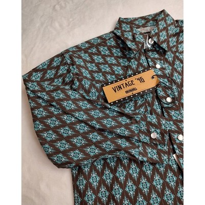 Rock & Roll Denim Kids Western Shirt S Brown Turquoise Diamond Print Snap Front