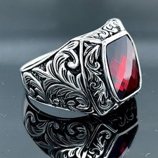 925 Men Silver Square Garnet Stone Ring Handmade Silver Red Stone Ring