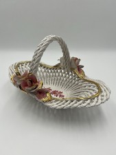 Vintage Capodimonte Italy Porcelain Woven Basket With Pink Roses Gold Details