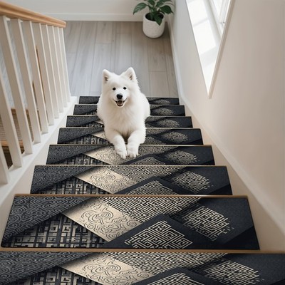2D FLAT Geometric Maze Patchwork Pattern Stair Tread, Machine Washable and Eas