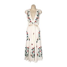 Farm Rio Cross Stitch Toucan Embroidered Linen Midi Dress White Size Small