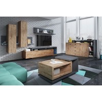 Wohnwand Inkl. Sideboard Couchtisch Led Beleuchtung In Eiche Ribbe Wohnzimmer Tv