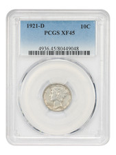1921-D 10C PCGS XF45 - Mercury Dime - Scarce Date