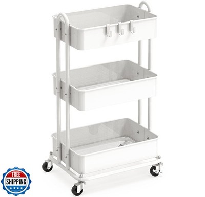 Simple Houseware 3-Tier Heavy Duty Metal Utility Rolling Cart, Wh