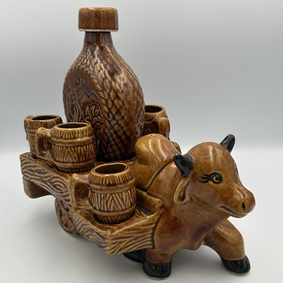 VTG Barware SET  Tequila Mexican Bull Cart Set - Missing 1 Shot Glass RARE FIND