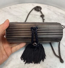 Vintage NINA RICCI Paris Dark Metal Barrel Tassel Evening Shoulder Bag Clutch