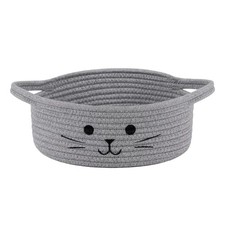 Small Woven Rope Storage Basket, Cute Cat Toy Basket for 9.8"W x 4"H Gray