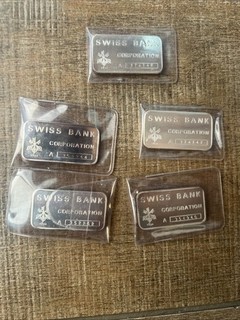5 Individual 1 Ounce Bars MP Metalor SWISS BANK CORPORATION 999 Fine Silver