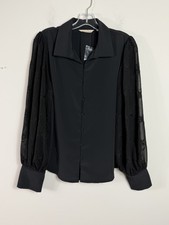 Soft Surroundings Women Loreanza Black Sheer Balloon Sleeve Blouse Button Sz M