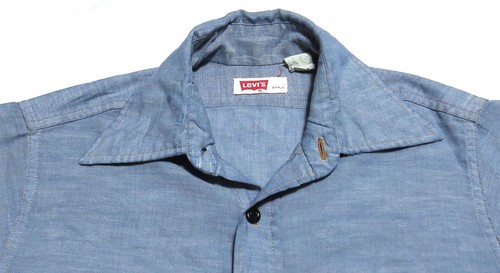 vtg Levi's BLUE CHAMBRAY 70s Shirt Men SMALL Orange Tab navy buttons Soft Blend - Picture 5 of 11