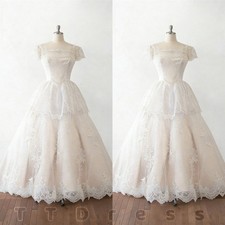 Vintage Lace Wedding Dresses with Short Sleeve Square Nack A Line Bridal Gowns