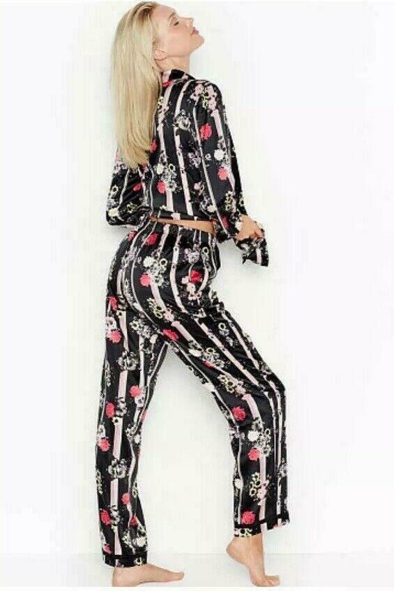 VICTORIA'S SECRET AFTERHOURS STRIPE ROSE SATIN PJS PAJAMAS PANTS SET