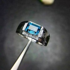Blue Topaz Emerald Cut Gemstone With 925 Sterling Silver Ring For Men's 35