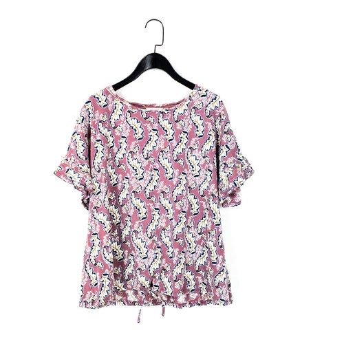 White Stuff Pink Navy Yellow Leaf Print Ruffle Trim Jersey Blouse - Size 14