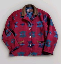 VTG WOOLRICH Aztec Blanket Southwest Leather Collar Coat Jacket Size M USA
