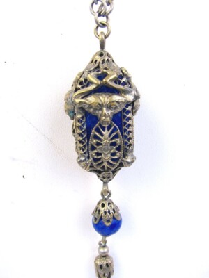 LAPIS LAZULI NECKLACE w GARGOYLES STERLING w BEADS & TASSEL c.1915