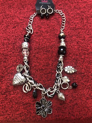 Paparazzi Heart Charmed I am Sure Black w/ Silver tone Beads Charms Necklace Set