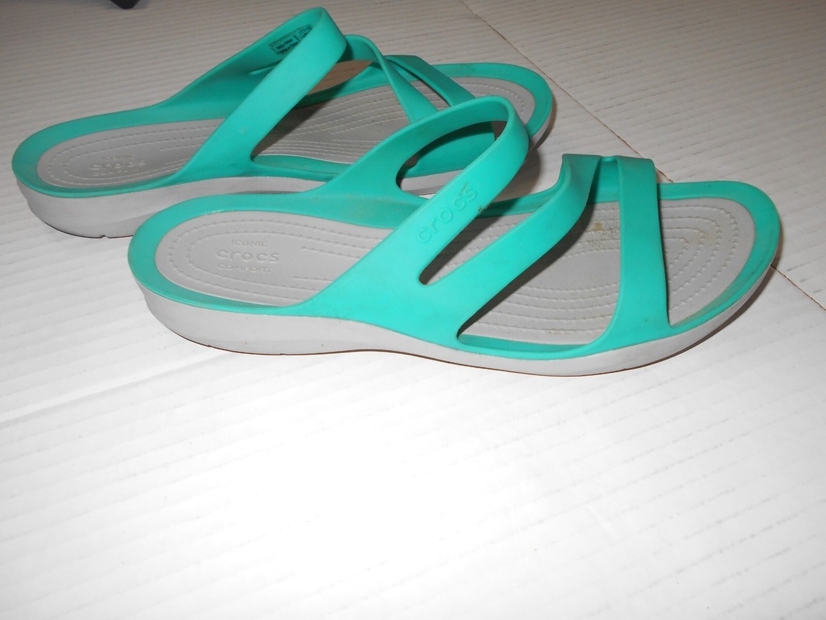 Crocs Iconic Comfort Womens Sz 11 W Teal Seafoam Green Sandals Slides Slip  On